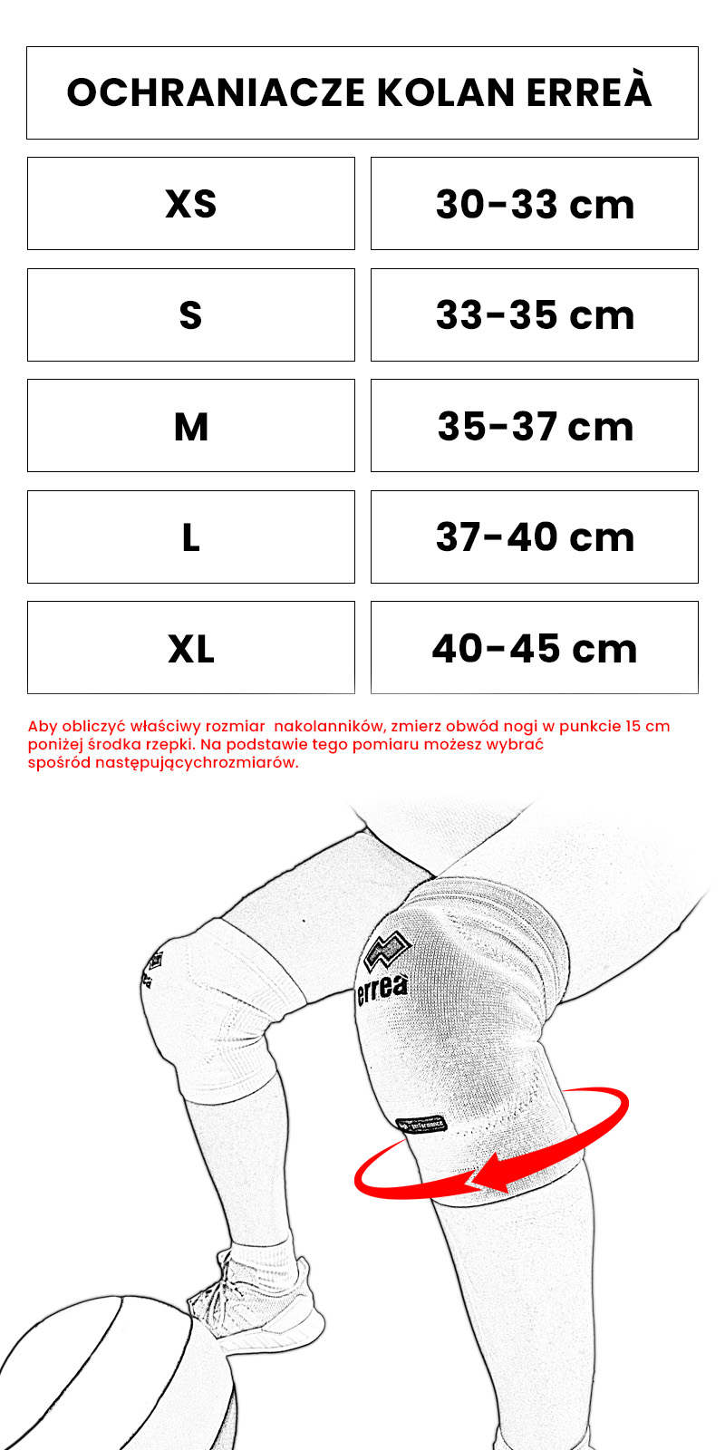 Ochraniacze na kolana - tabela rozmiarów na telefon