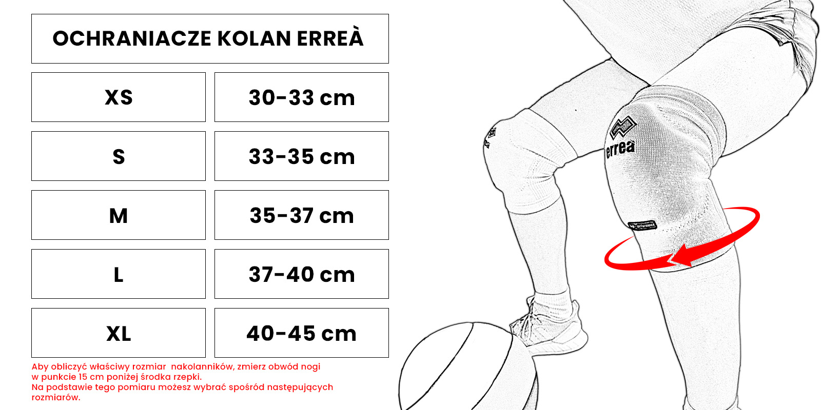 Ochraniacze na kolana - tabela rozmiarów na komputer