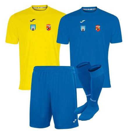 Komplet treningowy MAZOWSZE GRÓJEC – 2 koszulki z herbem DTF, spodenki, getry, personalizowany, w barwach niebiesko-żółtych