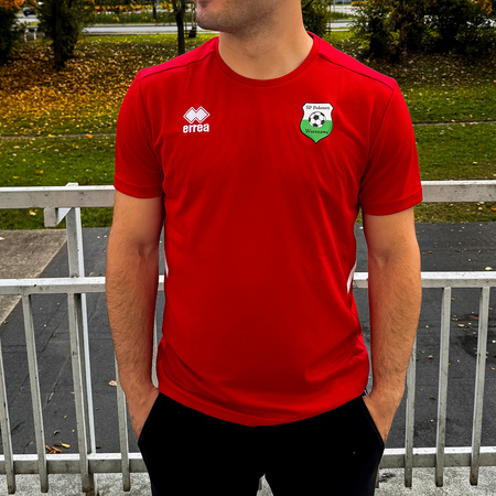 Komplet treningowy POLONEZ WARSZAWA czerwony — koszulka z herbem 3D i czarne spodenki