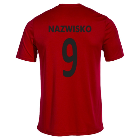 Koszulka meczowa Jedność Warszawa czerwona – herb klubu, nazwisko i numer zawodnika