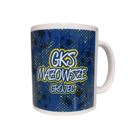 Kubek MAZOWSZE GRÓJEC z nadrukiem – ceramiczny z logo i napisem klubu, w barwach niebiesko-żółtych, idealny dla kibiców i fanów