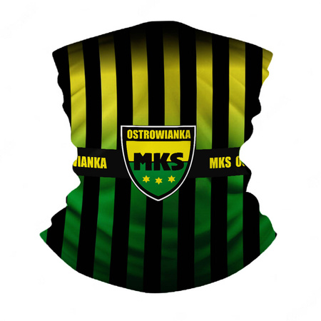 Komin treningowy MKS Ostrowianka z herbem i wzorem w pasy – żółto-zielono-czarny dla kibiców z Ostrowi Mazowieckiej