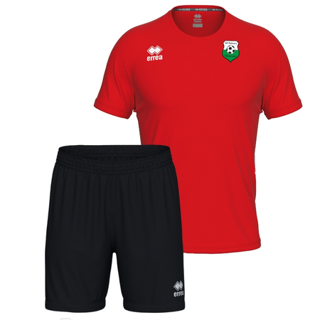 Komplet treningowy POLONEZ WARSZAWA czerwony — koszulka z herbem 3D i czarne spodenki