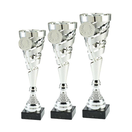 Zestaw pucharów BI ET.412 H40 H37 H34 – eleganckie srebrne trofea na kamiennej podstawie