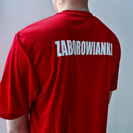 Komplet treningowy ZABOROWIANKA czerwona koszulka i czarne spodenki z herbem i nazwą klubu dla kibiców i zawodników Zaborowa