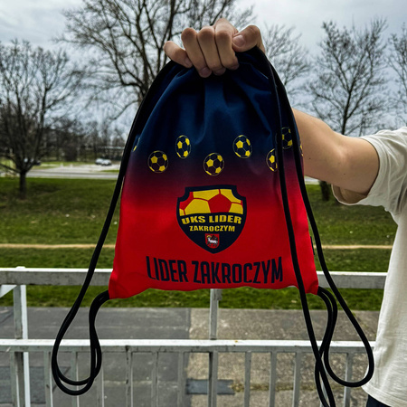 Worek na plecy LIDER ZAKROCZYM – indywidualny wzór sublimacyjny z logo klubu, lekki i praktyczny, wysyłka w 2 dni