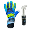 Rękawice 4KEEPERS NEO LIGA NC Junior z płynem do czyszczenia - technologia AQUA ADHESIVE+ GRIP i nowoczesna niebieska kolorystyka z limonkowymi akcentami