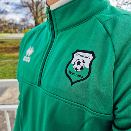Bluza treningowa POLONEZ WARSZAWA zielona — krótki zamek, herb żakardowy, napis na plecach