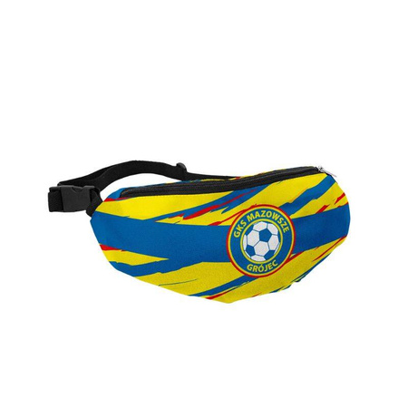 Saszetka nerka MAZOWSZE GRÓJEC – sonik z nadrukiem sublimacyjnym logo, w barwach niebiesko-żółtych, praktyczna dla kibiców