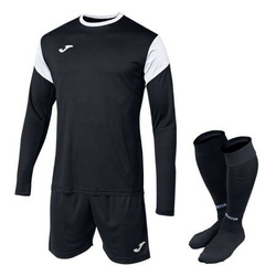 Zestaw bramkarski Joma GK Phoenix 102858.102 - trójczęściowy komplet czarny z białymi akcentami, koszulka z długim rękawem, elastyczne szorty, profesjonalne getry, technologia oddychająca