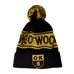 Czapka zimowa OKS START OTWOCK czarno-żółta – bawełniana z pomponem, wywinięciem i haftowanym herbem klubu dla kibiców