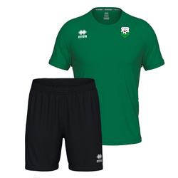 Komplet treningowo-meczowy POLONEZ WARSZAWA zielony — koszulka z herbem i numerem oraz czarne spodenki