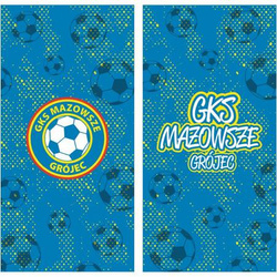 Ręcznik MAZOWSZE GRÓJEC 2-strony – mikrofibra z nadrukiem sublimacyjnym logo i napisem, w barwach niebiesko-żółtych dla kibiców