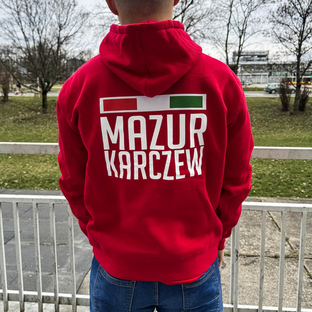 Bluza z kapturem MAZUR KARCZEW czerwona – wszyty herb, nadruk DTF, barwy klubowe