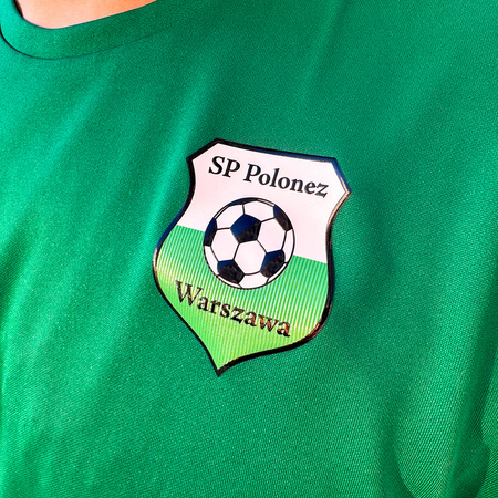 Komplet treningowo-meczowy POLONEZ WARSZAWA zielony — koszulka z herbem i numerem oraz czarne spodenki