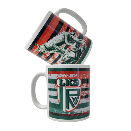 Kubek RYŚ LASKI z nadrukiem – ceramiczny z nadrukowanym herbem i rysiem, w klubowych barwach