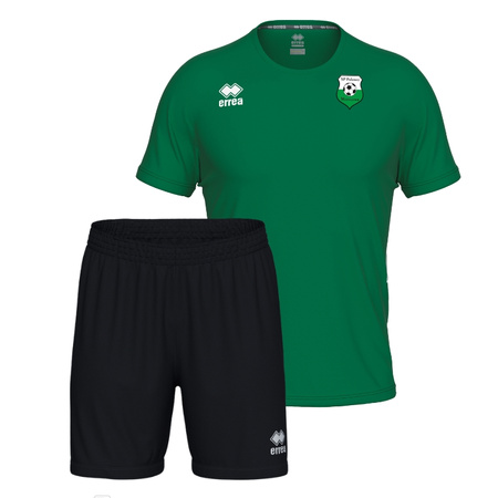 Komplet treningowo-meczowy POLONEZ WARSZAWA zielony — koszulka z herbem i numerem oraz czarne spodenki