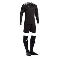 Zestaw bramkarski Joma Zamora VIII 103242.100 - trójczęściowy komplet czarny, koszulka z długim rękawem i sublimowanym wzorem, elastyczne szorty, profesjonalne getry, elegancki design