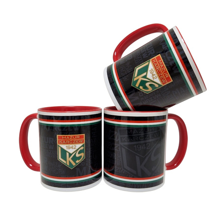 Kubek MAZUR KARCZEW z czerwonym środkiem – ceramiczny z herbem i klubowym motywem