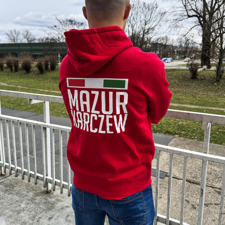 Bluza z kapturem MAZUR KARCZEW czerwona – wszyty herb, nadruk DTF, barwy klubowe