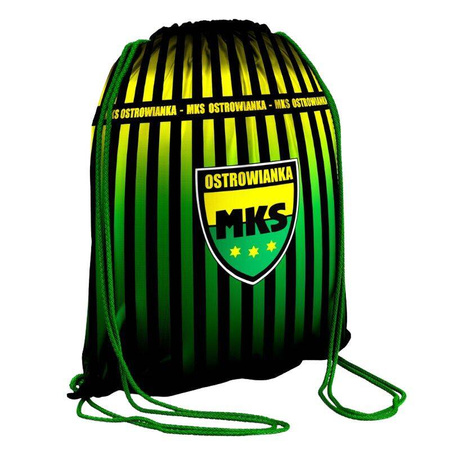 Worek na plecy MKS Ostrowianka z herbem i wzorem w pasy – żółto-zielono-czarny dla kibiców z Ostrowi Mazowieckiej