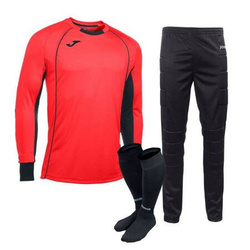 Zestaw bramkarski Joma Protec - trójczęściowy komplet czerwono-czarny, koszulka z długim rękawem, spodnie z ochraniaczami, profesjonalne getry, zwiększona ochrona