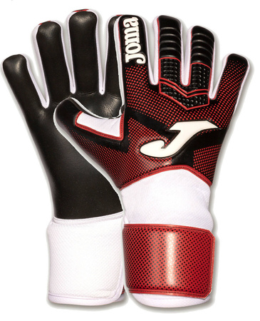 Rękawice bramkarskie Joma Hunter JR 400909.106 - lateksowa powłoka, ergonomiczny krój, regulowane zapięcie, zwiększona przyczepność, czerwono-biało-czarny design