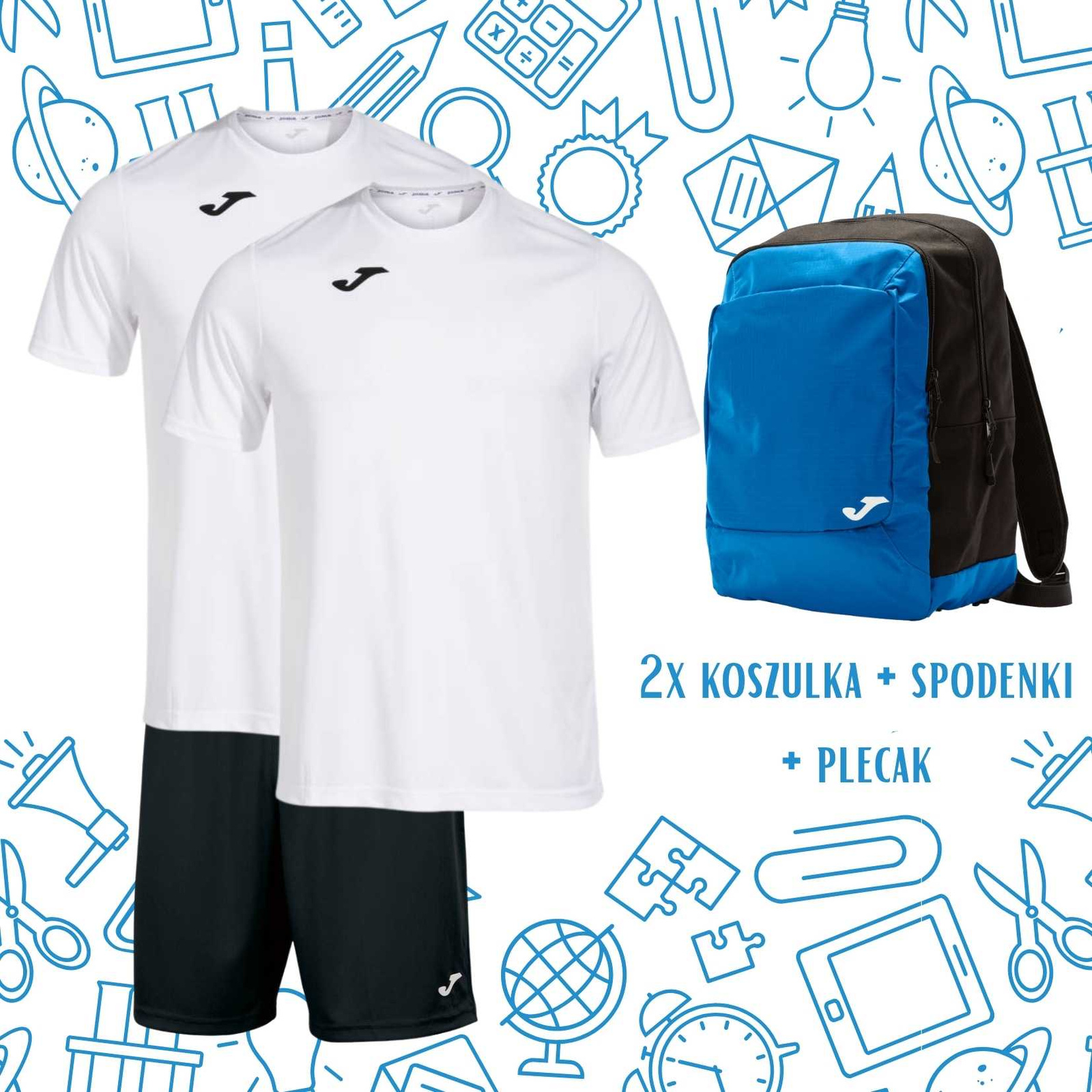 Ubranie na WF z 2x koszulka combi, spodenki nobel i niebieski plecak Team