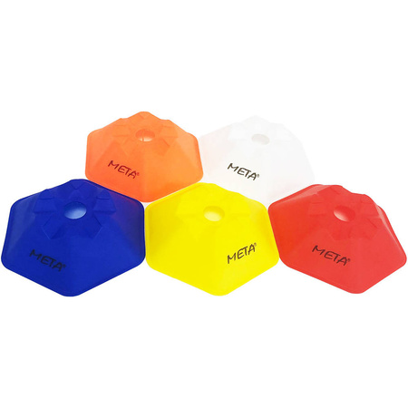 Stożki sześciokątne META 1800005060 – 50 sztuk piłkarskich stożków do treningów technicznych i koordynacyjnych