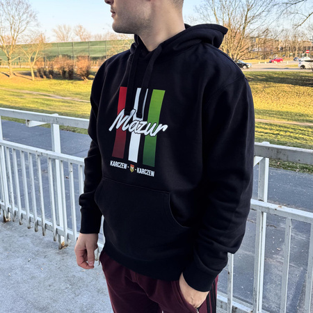 Bluza z kapturem MAZUR KARCZEW czarna – nadruk DTF, barwy klubowe, bawełna