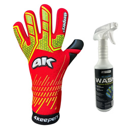 Rękawice 4KEEPERS NEO LAVA NC Junior z płynem do czyszczenia - technologia NEW BASIC GRIP i nowoczesna czerwona kolorystyka z żółtymi akcentami