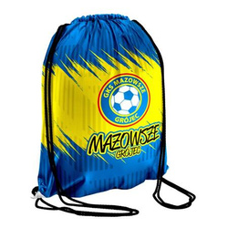 Worek na plecy MAZOWSZE GRÓJEC – sonik z nadrukiem sublimacyjnym logo i napisem, w barwach niebiesko-żółtych dla kibiców