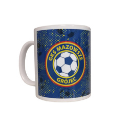 Kubek MAZOWSZE GRÓJEC z nadrukiem – ceramiczny z logo i napisem klubu, w barwach niebiesko-żółtych, idealny dla kibiców i fanów