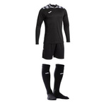 Zestaw bramkarski Joma Zamora VIII 103242.100 - trójczęściowy komplet czarny, koszulka z długim rękawem i sublimowanym wzorem, elastyczne szorty, profesjonalne getry, elegancki design