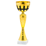 Puchar GT 25815 H25 – złoty puchar z czarnymi akcentami i białą podstawą o wysokości 25 cm