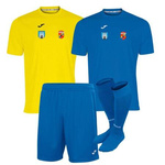 Komplet treningowy MAZOWSZE GRÓJEC – 2 koszulki z herbem DTF, spodenki, getry, personalizowany, w barwach niebiesko-żółtych