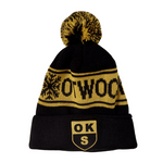 Czapka zimowa OKS START OTWOCK czarno-żółta – bawełniana z pomponem, wywinięciem i haftowanym herbem klubu dla kibiców