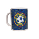 Kubek MAZOWSZE GRÓJEC z nadrukiem – ceramiczny z logo i napisem klubu, w barwach niebiesko-żółtych, idealny dla kibiców i fanów