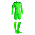 Zestaw bramkarski Joma Zamora VIII 103242.020 - trójczęściowy komplet zielony, koszulka z długim rękawem i sublimowanym wzorem, elastyczne szorty, profesjonalne getry, wysoka widoczność