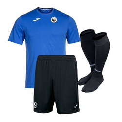 Komplet meczowy SPARTA LEONCIN – koszulka z herbem DTF, numer, spodenki i getry czarne, personalizowany